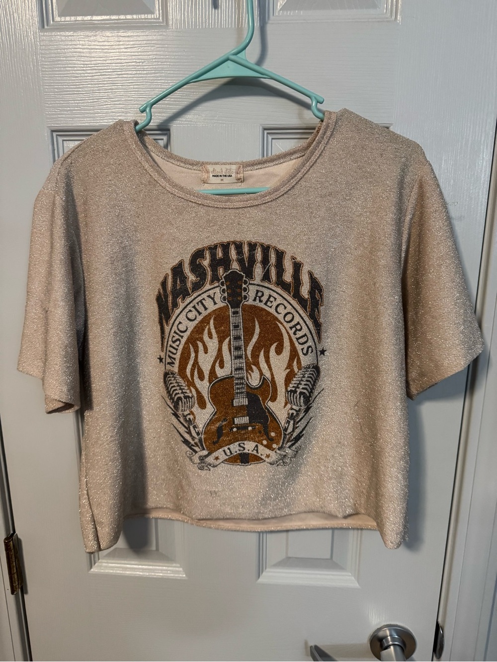 Altar'd State Beige Glitter Nashville Guitar Crop Top